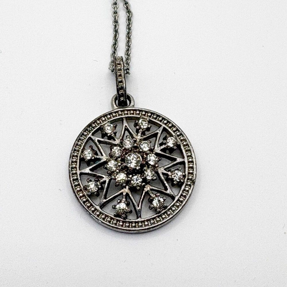 Avon Silver Tone Crystal Accent Snowflake Star Medallion Pendant Necklace